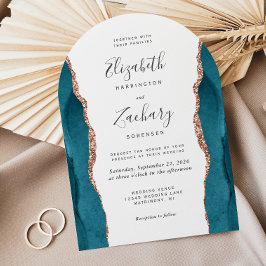 Modern Teal Rose Gold Agate Arch Wedding Inbjudningar