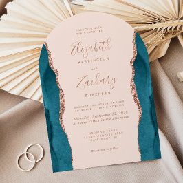 Modern Teal Rose Gold Agate Blush Arch Wedding Inbjudningar