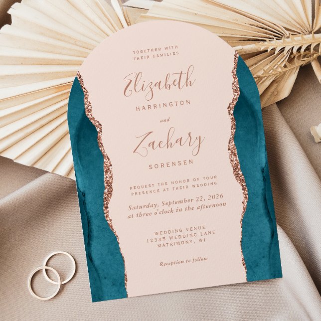 Modern Teal Rose Gold Agate Blush Arch Wedding Inbjudningar (Skapare uppladdad)