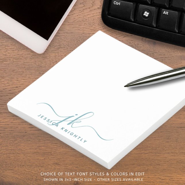 Modern Teal Script Monogram Initialer Post-it Block (Skapare uppladdad)