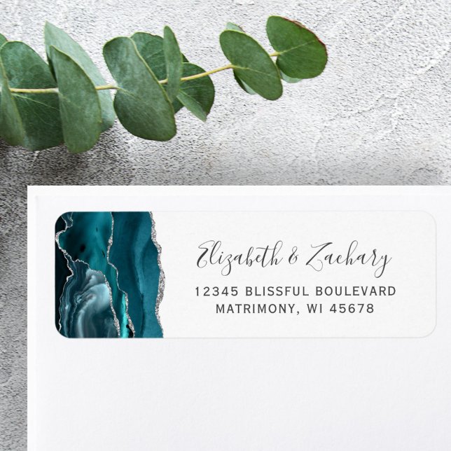 Modern Teal Silver Agat Bröllops Returadress Etikett (Skapare uppladdad)