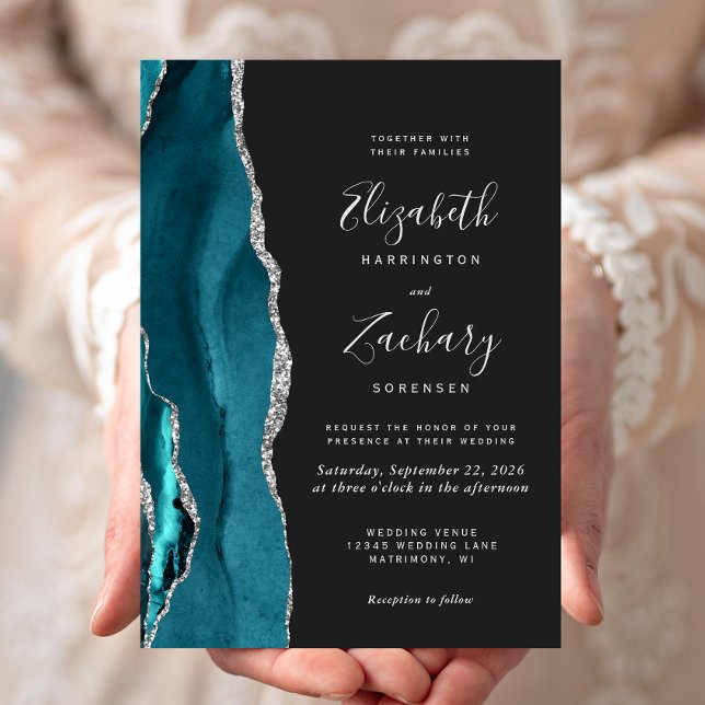 Modern Teal Silver Agat Mörk Bröllop Inbjudningar (Skapare uppladdad)