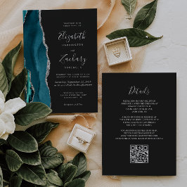 Modern Teal Silver Agat Mörk QR-kod Bröllop Inbjudningar
