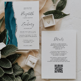 Modern Teal Silver Agat QR-kod Bröllop Inbjudningar