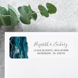 Modern Teal Silver Agate Bröllop Returadress Etikett