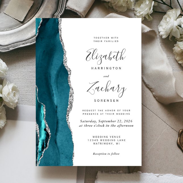 Modern Teal Silver Agate-bröllopsinbjudan Inbjudningar (The perfect choice for a teal and silver themed wedding.)
