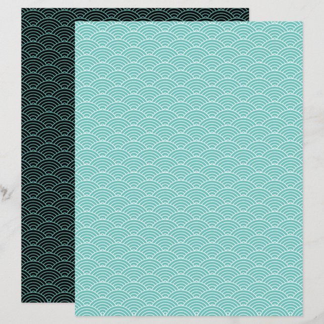 Modern Teal Svart Japansk Våg Scrapbookpapper (Fram/baksida)
