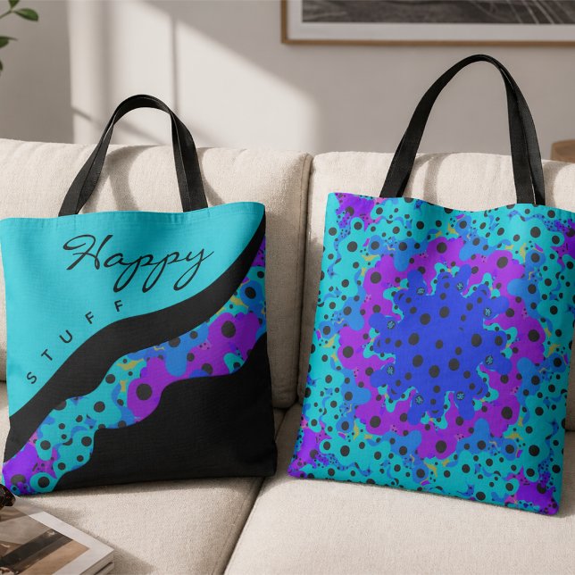 Modern Teal Svart Och Lila Våg Tygkasse (Teal, purple and blue with black dots and custom words make this bag fun to carry around anywhere.)