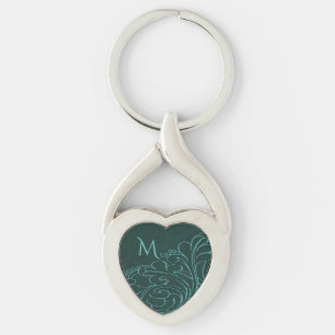 Modern Teal Swirl Elegant Monogram Twisted Heart Silverfärgad Nyckelring