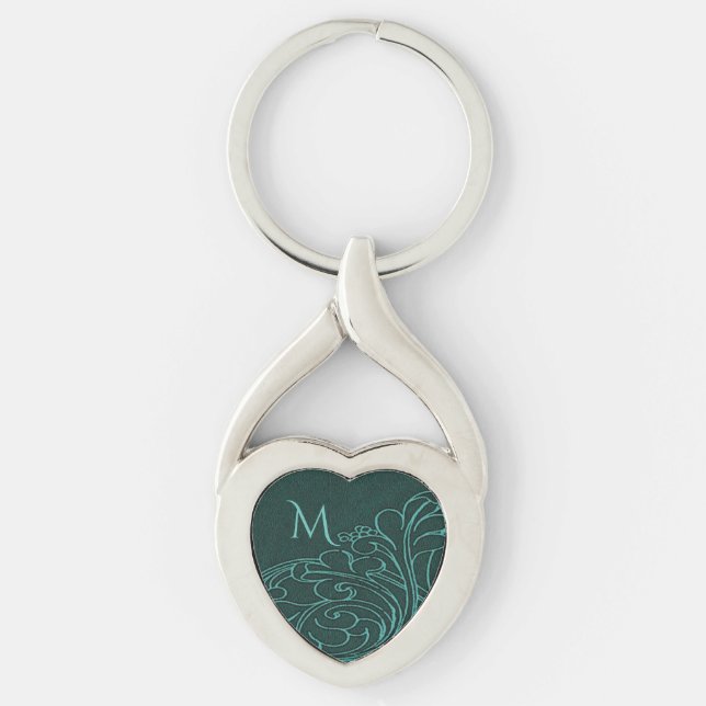 Modern Teal Swirl Elegant Monogram Twisted Heart Silverfärgad Nyckelring (Framsidan)