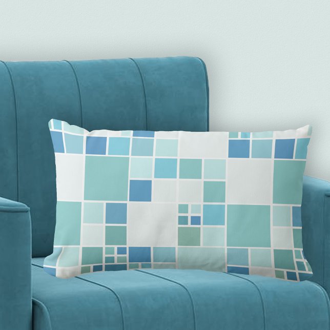 Modern Teal Turcos Mönster Pillow Lumbarkudde (A pillow with a geometric tile design in blue, teal, turquoise and green - beach house - modern)
