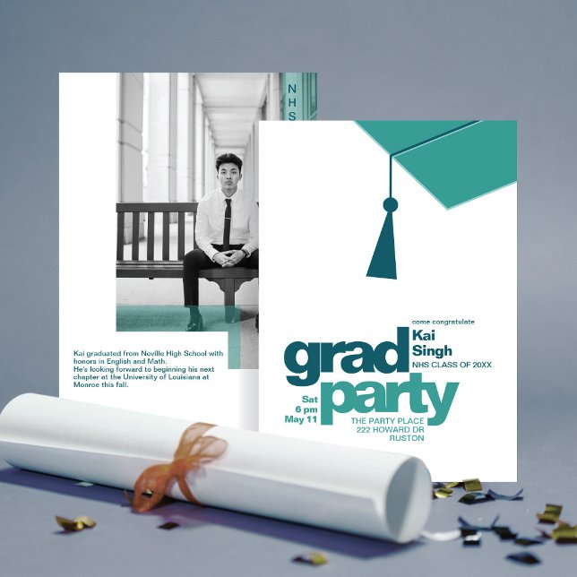 Modern Teal Typography & Tassel Grad Party Photo Inbjudningar (Skapare uppladdad)