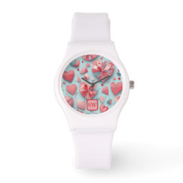Modern teal Valentine Day rosa hearts, monogram Armbandsur