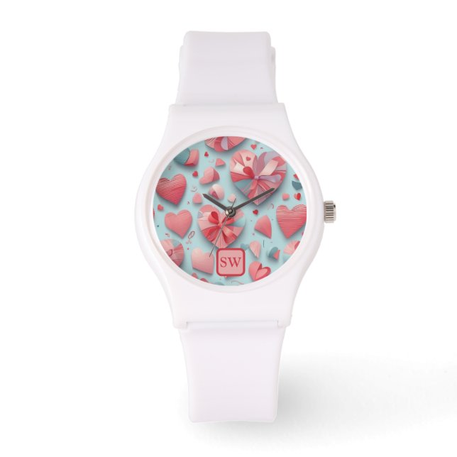 Modern teal Valentine Day rosa hearts, monogram Armbandsur (Framsida)