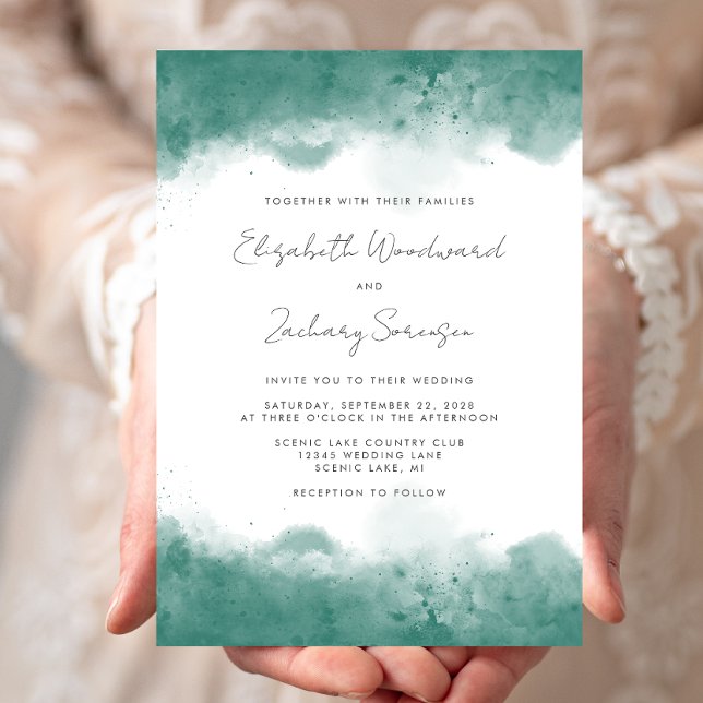 Modern Teal Vattenfärg Borders Bröllop Inbjudningar (Skapare uppladdad)