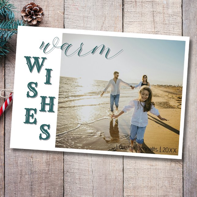 Modern Teal Warm Wishes Two Beach Family Photo Julkort (Skapare uppladdad)