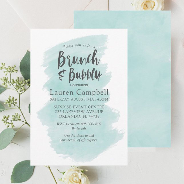 Modern Teal Watercolor Brunch och Bubly Inbjudningar (Skapare uppladdad)