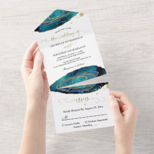 Modern Teal Watercolor Guld Agate Bröllop