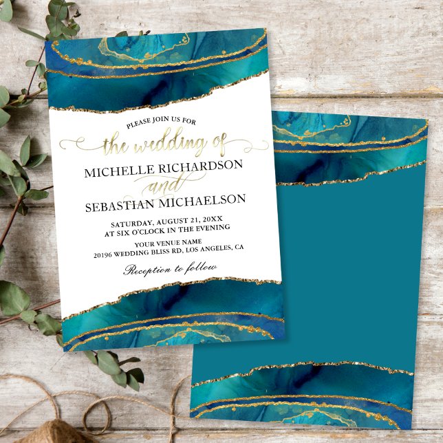 Modern Teal Watercolor Guld Agate Bröllop Inbjudningar (Modern Teal Watercolor Gold Agate Wedding Invitation)