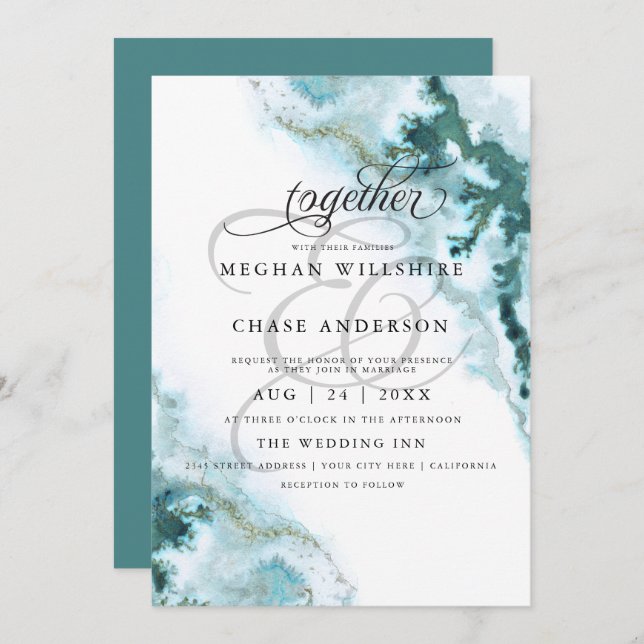 Modern Teal Watercolor Moss Agate BarefootBride™ Inbjudningar (Fram/baksida)