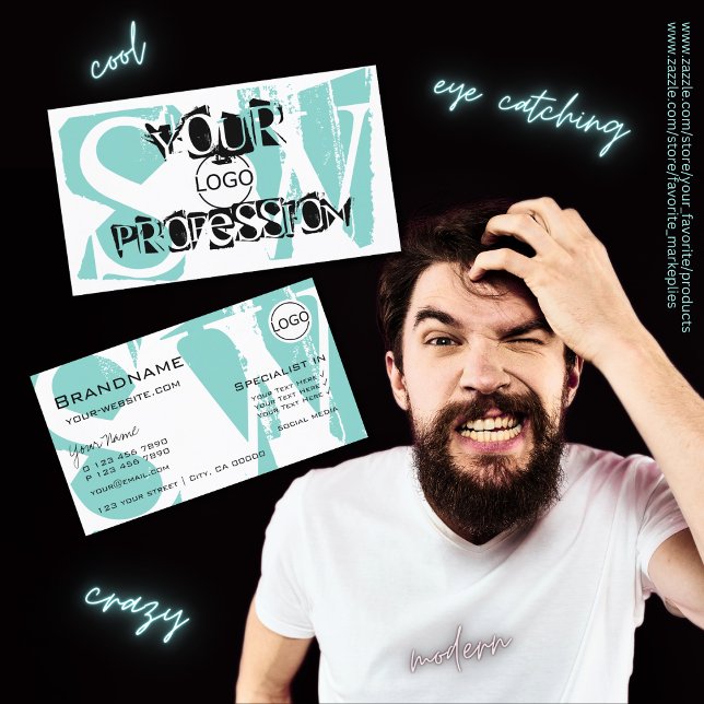 Modern Teal White Black med Logotyp och Monogram Visitkort (Skapare uppladdad)