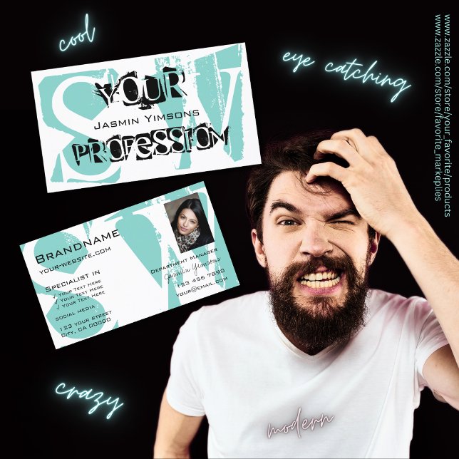 Modern Teal White Black med Photo och Monogram Visitkort (Skapare uppladdad)