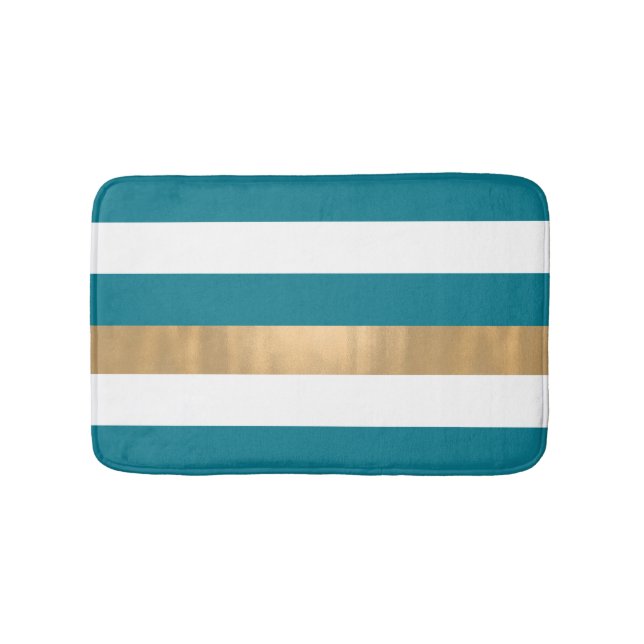 Modern Teal White och Guld Stripe Bath Mat Badrumsmatta (Framsidan)