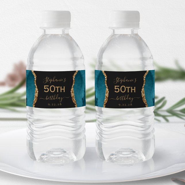 Modern Tealblå Guld Agat Mörk 50-årsdag Vattenflaskor Etikett (Skapare uppladdad)