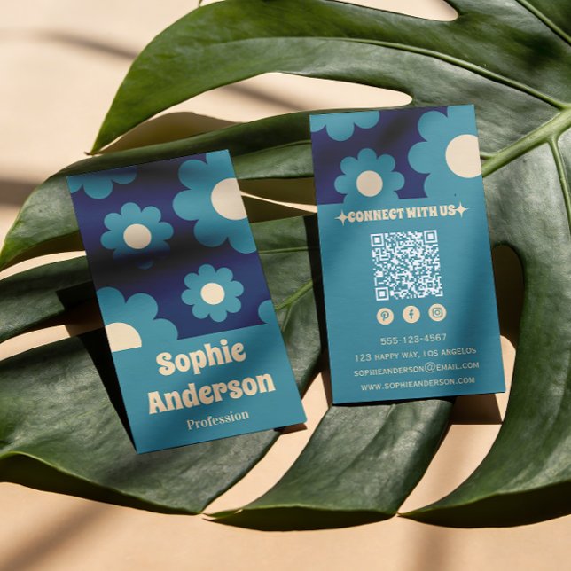 Modern Tealblå Retro Blommig Mönster med QR-kod Visitkort (Skapare uppladdad)