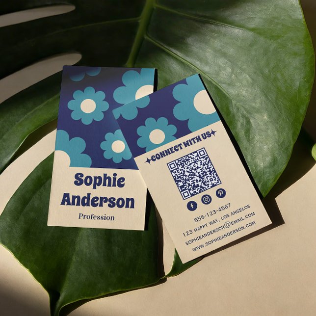 Modern Tealblå Retro Blommig Mönster med QR-kod Visitkort (Skapare uppladdad)