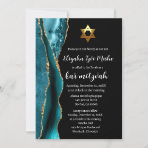 Modern Tealblå Svart och Guld Bar Mitzvah Inbjudningar