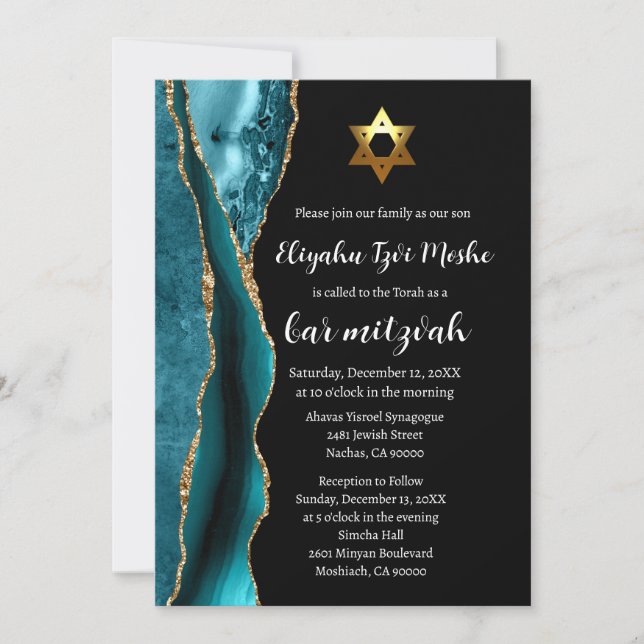 Modern Tealblå Svart och Guld Bar Mitzvah Inbjudningar (Framsida)