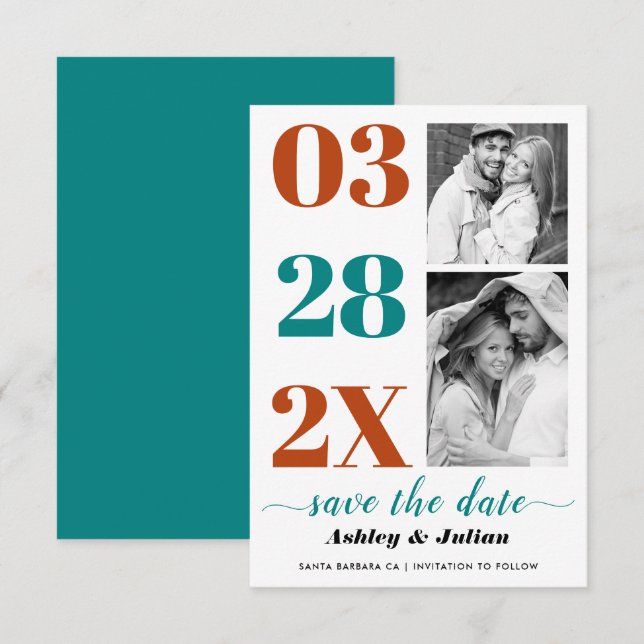 Modern tealblått och rosttypografi två foto spara datumet (Fram/baksida)