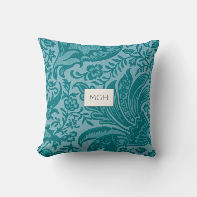 Modern Tealgrön Blommig Botanisk Monogram Kudde (Framsida)