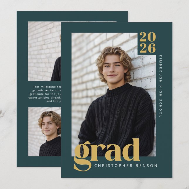 Modern Tealgrön Guld 2026 Foto Examen Inbjudningar (Fram/baksida)