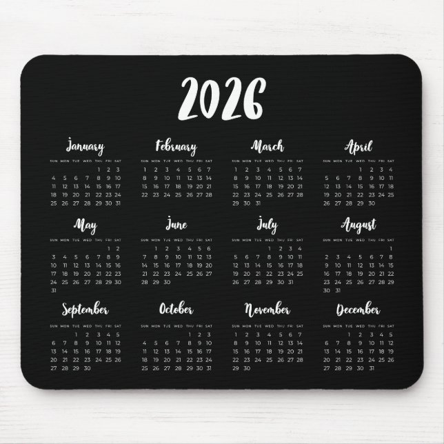 Modern teckensnitt 2025 svart kalender musmatta (Framsidan)
