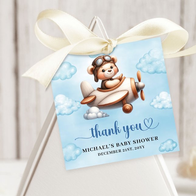 Modern Teddy Bear Pilot Airplane Blue Brown Baby  Gåvor Etiketter (Modern Teddy Bear Pilot Airplane Blue Brown Baby Shower Favor Tag

)