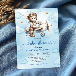 Modern Teddy Bear Pilot Blå Brun Pojke Dopp Inbjudningar