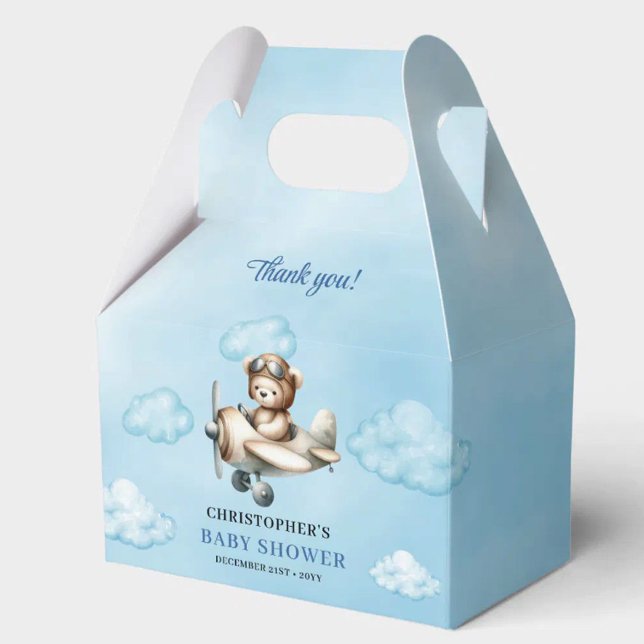 Modern teddybjörn flygare blå brun pojke dusch  presentaskar (Modern Teddy Bear Aviator Blue Brown Boy Shower Favor Box

)
