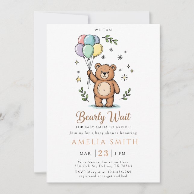 Modern teddybjörn Vänlig baby shower Inbjudningar (Framsida)