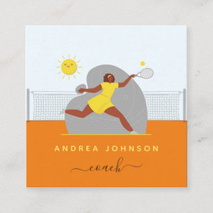 Modern tennis Coach Female Player Illustration Fyrkantigt Visitkort