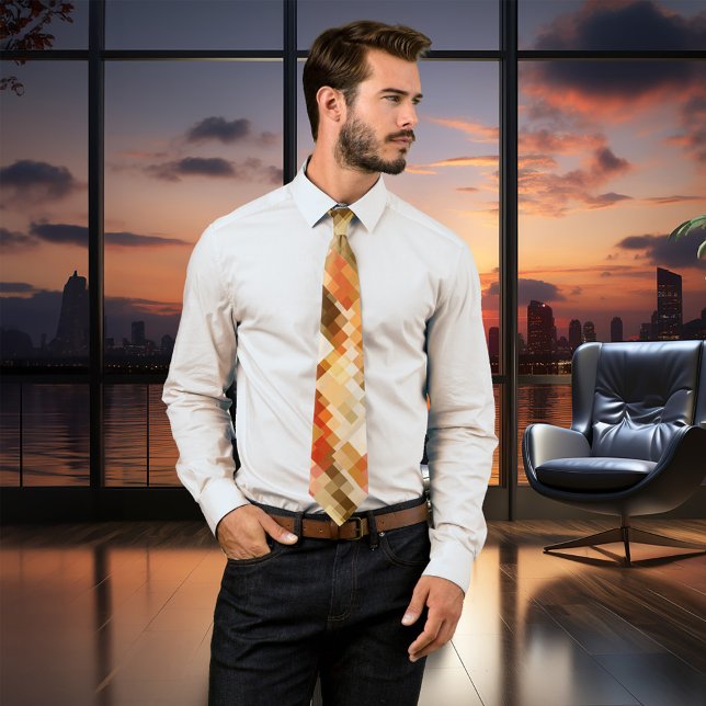 Modern Terra Cotta Geometric Abstrakt Mönster Tie Slips (Modern design tie featuring an abstract geometric tiled design in warm terra cotta and earth colors)