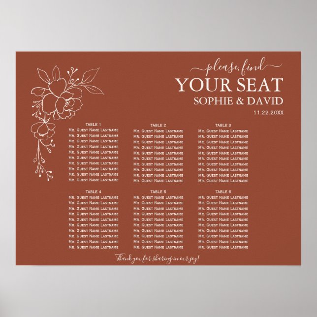 Modern terracotta 6 Bord Bröllop-sittdiagram Poster (Framsidan)