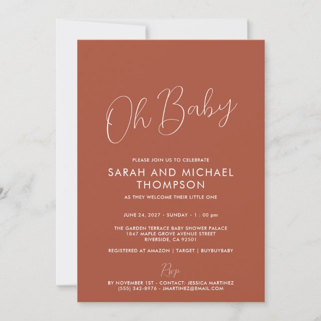 Modern terracotta Baby Shower Elegant Script Inbjudningar (Framsida)
