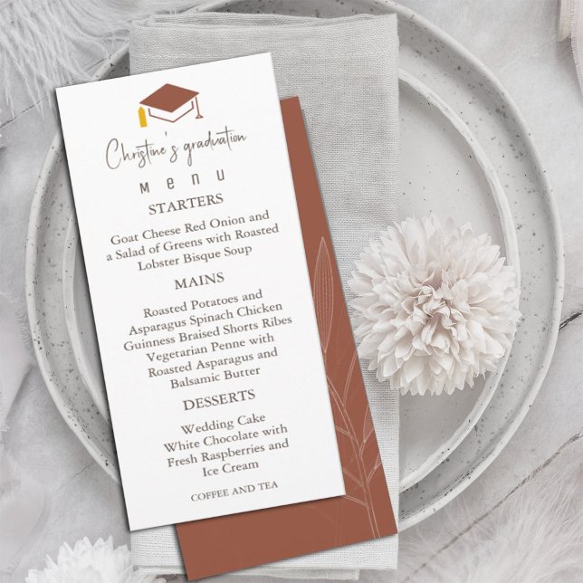 Modern Terracotta Background Studenten Meny (Terracotta graduation menu  #chic #graduate #classof2024 #dinner)