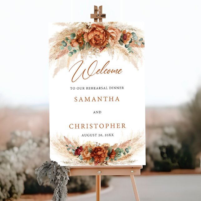 Modern Terracotta-blommor boho Välkomsthälsning Poster (Trendy Terracotta and burgundy flowers greenery pampas rehearsal dinner welcome poster )