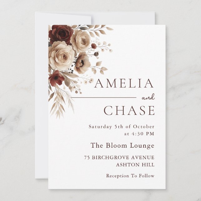 Modern Terracotta Bohemian Blommigt Bröllop Inbjudningar (Framsida)