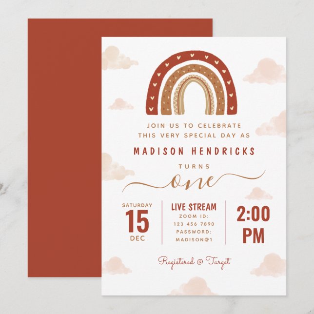 Modern Terracotta Boho Rainbow Clouds Birthday Inbjudningar (Fram/baksida)