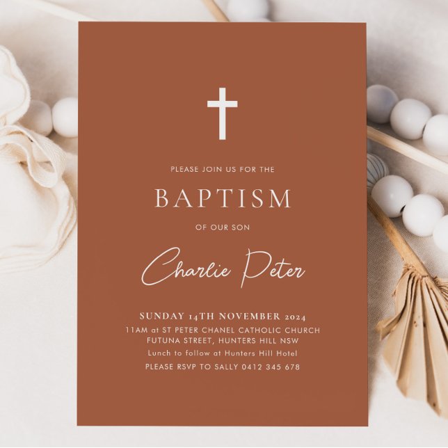 Modern Terracotta Boys Kor Christening Baptism Inbjudningar (Terracotta Baptism Invitation)