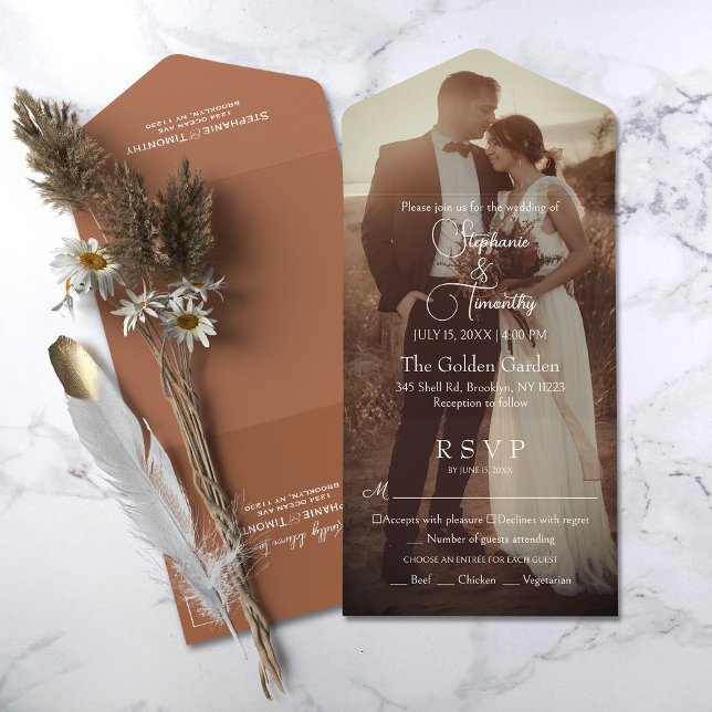 Modern Terracotta | Bränd Orange Photo Bröllop (Simplify your wedding with our all-in-one invitation – convenience and beauty in a single card.)